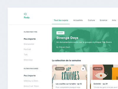 Pody Podcast audio filters green player podcast product design uiux visuals webapp