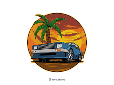 Sedan car in sunset vibes automotive automotive design car car design car illustration design illustration logo palm sticker summer sun sunset tree vector vectorart
