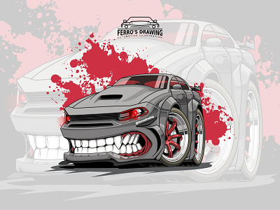 Dodge charger hellcat cartoon automotive car cartoon design dodge drag drive fast illustration muscle car power race road speed transportation vector vectorart vehicle wheel