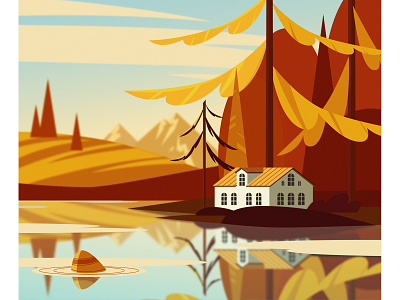 осенний пейзаж illustration vector горы деревья дом лес озеро осенний пейзаж осень природа