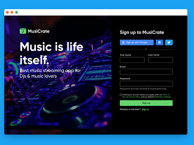 MusiCrate Sign up page