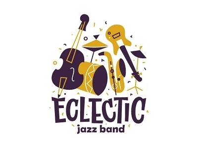 ECLECTIC jazz band band cartoon contrabass drums fun guitar jazz lettering logo music sax typography