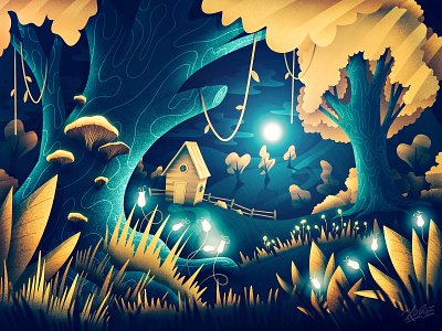 Night in a Fairy Forest art creative dark forest illustration light magic moon nature night
