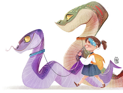 Let's go for a walk animation cartoon characterdesign children children book illustration childrens illustration digital digital art digital painting digitalart girl illustration procreate snakes