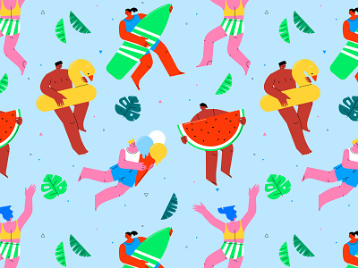 Summer pattern beach characters collection flat illustration pattern sea seamless summer vector