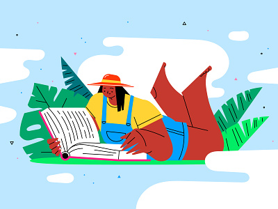 Summer reading book character flat girl illustration morning reading summer sunny vector