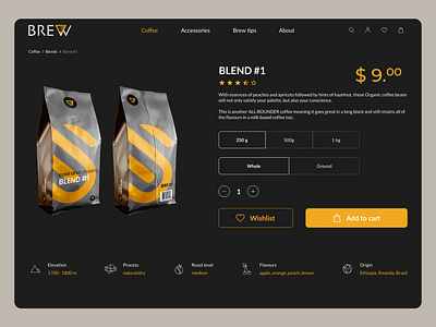 Brew it: item page barista beans checkout coffee dark theme e commerce figma item page ui