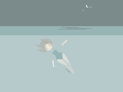 Under the Moon and Stars adobe illustrator bathing suit beach flat design floating girl girl character happy illustration mood muted colors nature negative space ocean relax simple design summer swimming water whimsical