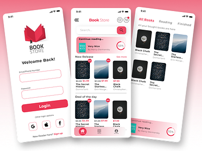 Book reading and buying app branding design landing page logo ui