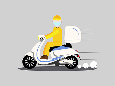 A delivery guy in a medical mask box car courier deliver design electric express illustration man moped transportation рисунок