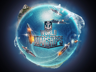 Illustration for leading game developer fire fog gaming illustration ocean planet round sea ships shots war water