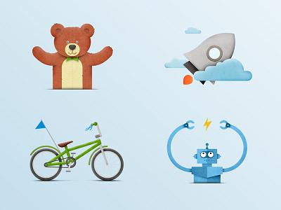 Illustrations for corporate web-site bear bike clouds flat illustration robot rocket toys web