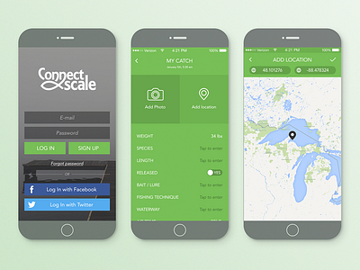 Connect Scale app 2 action fish flat food green ios login map ui ux