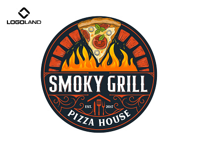 SMOKY GRILL PIZZA HOUSE Logo Designed By LOGOLAND branding classice food food van graphic design grill logo illustration logo pizza grill pizza logo pizza restaurant restaurant retro logo sketch logo smoke house take away vector vintage logo