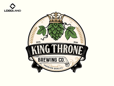 KING THRONE Logo Designed By LOGOLAND beer logo branding brewing logo graphic design hand drawn hop logo illustration logo retro sketch vector vintage wine