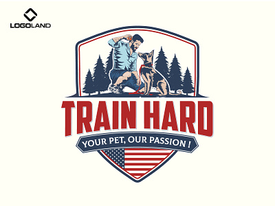 Train Hard Logo Designed By LOGOLAND branding classic dog training graphic design hand drawn illustration logo minimal pet logo pet training retro sketch vintage