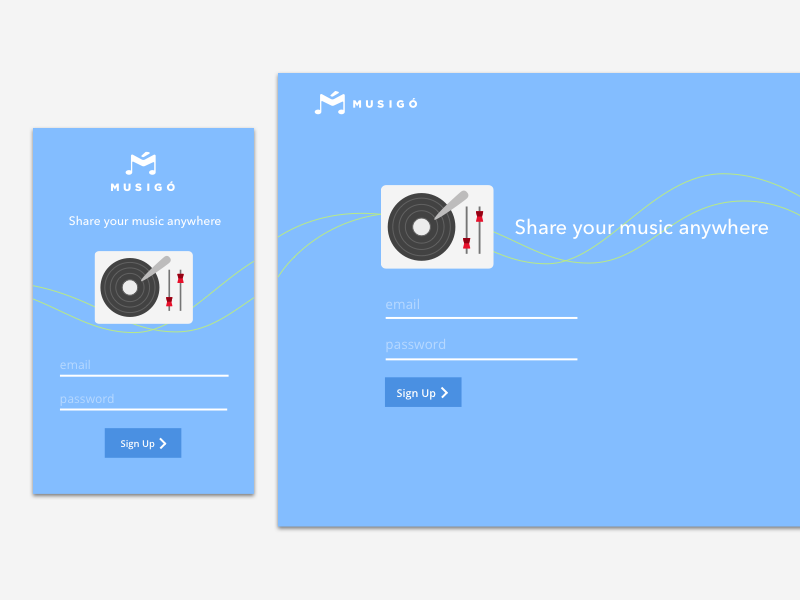 Musigo login sign up flat music app mobile ui