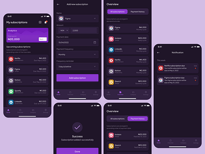 Subscription app dark mode app design typography ui ux