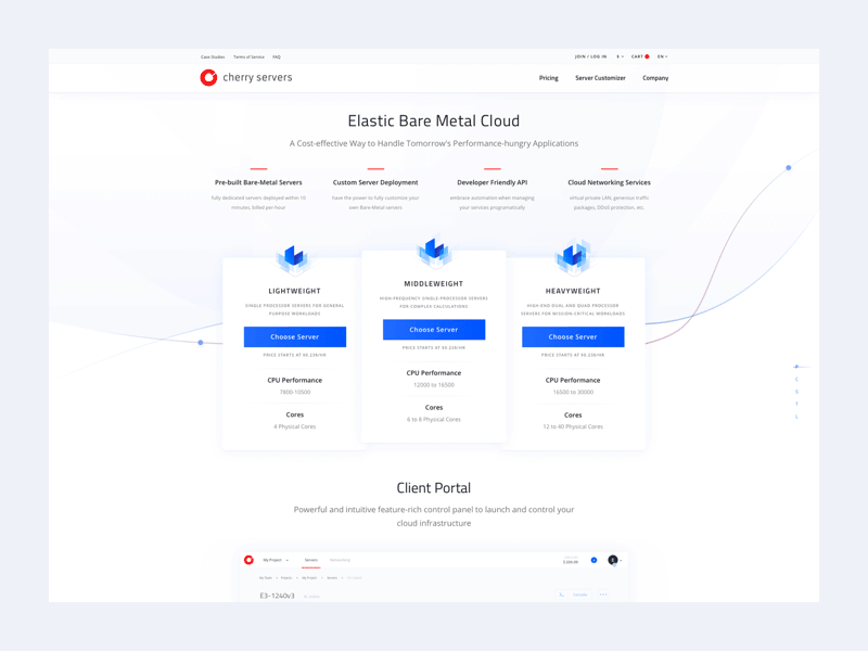 CherryServers Landing bare metal servers cloud computing light ui principle simplicity usability user experience design ux ui website interface