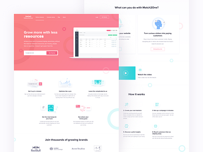 Match2One Landing Page advertising platform color clean user interface landing page design m2o website redesign marketing tools match2one landing page mockup illustration composition red blue green color usage uiux user interface experience
