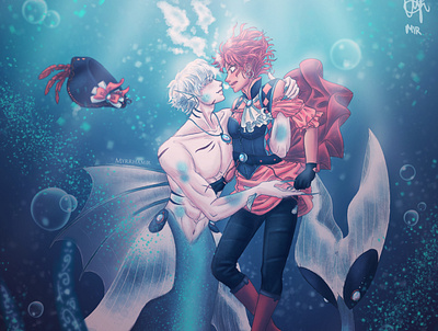 The Pirate and The Merman anime animeart couple design girl character illustration mermaid mermay pirate