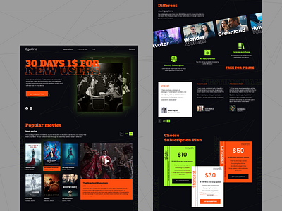 Lending page bleack brutalism gren lending page maximalism movies orandg service streaming subscription web design
