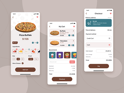 Pizza delivery app app blue brown checkout screen delivery mobil pizza product screen ui web design