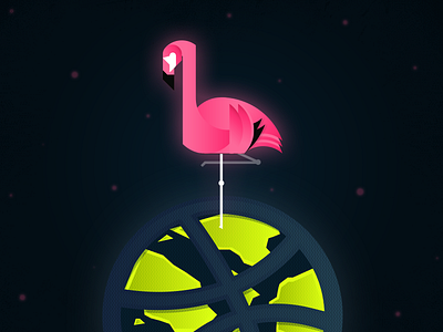 Landed on planet Dribbble! debut dribbble earth flamingo illustration invite planet thanks vector