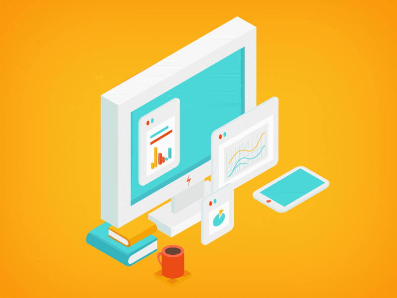 Bouncy vector tablet pc school old isometric illustration computer coffee