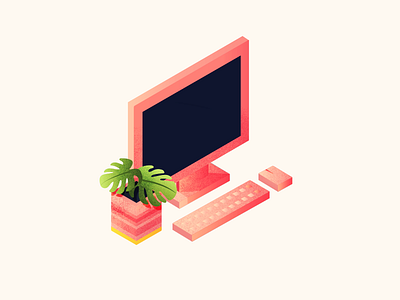 Pink is the word. desk gradient isometric keyboard mac mouse office plant screen texture vector