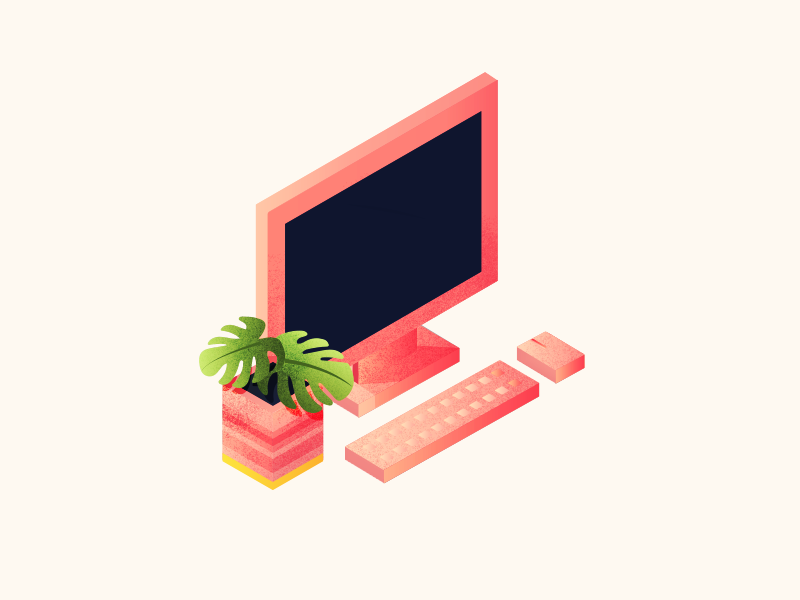 Pink is the word. isometric gradient texture office desk plant vector mouse keyboard mac screen