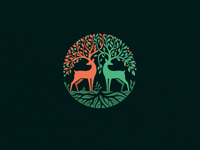 Two Deers circular logo deer logo forest logo illustration leaves logo nature logo organic treelogo trees vector