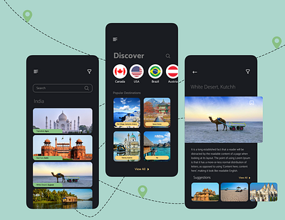 Desto app dark theme dark ui design destination discover places travel app ui ux