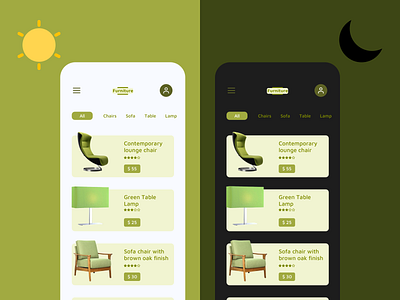 Furniture app color dark mode design e commerce furniture app green light mode logo online shopping online store ui