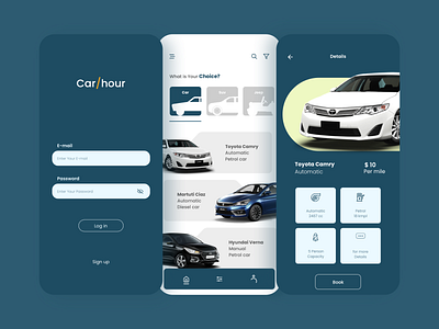 Car/hour app booking app car car booking app car rental color design logo rent car ui ux