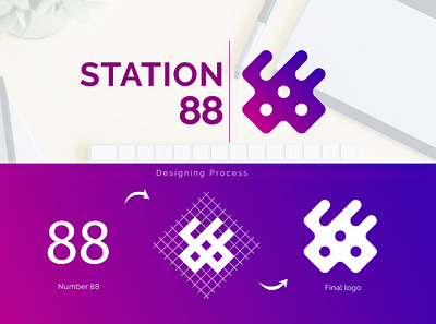 Creative Grid logo | Station 88 restaurant 88 logo creative logo futuristic grid logo logo mark number 88 purple gradient restaurant logo tech logo violet color