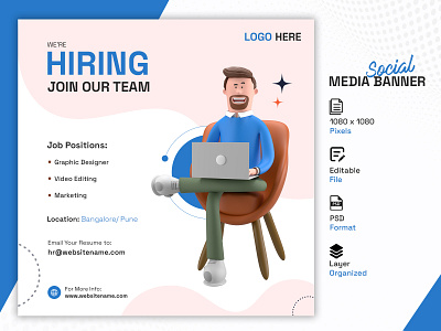 Social Media Design | Instagram Post | Social Media | Hiring banner graphic design illustrator photoshop post social