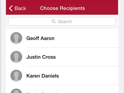 Booth Performance App contacts list view mobile ui design