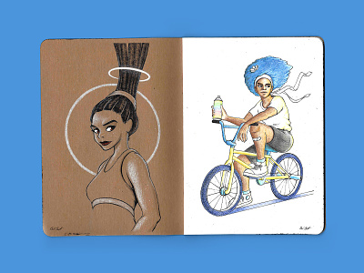 The Sketchbook Project - First Pages afro bike characters colored pencil drawing dreadlocks illustration ink original character sketch sketchbook spraypaint