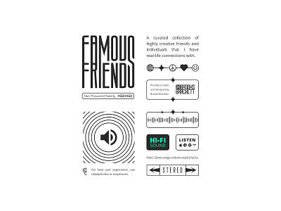 Famous Friends Playlist Introduction design ear friends globe heart layout listen music peace sign playlist smiley face soundwaves star stereo