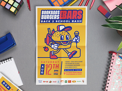 Bookbags, Burgers, and Bars back to school bars bbq bookbags burgers event flier fun poster print summer supplies