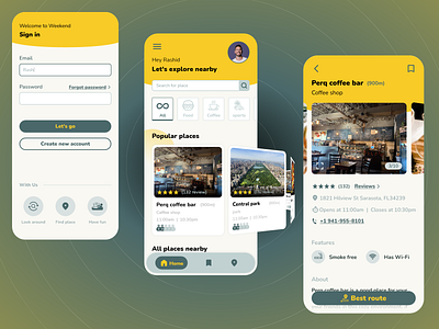 Weekend app design explore foursquare green holiday mobile mobile app mobile app design mobile ui ui ui ux ui design ui designs ux weekend yellow