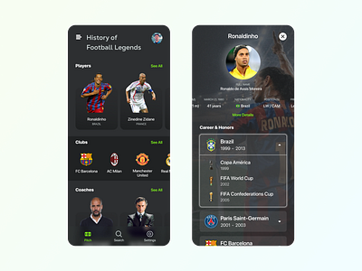 HOF adobexd appdesign behance club coach dailyui dark dribbblers football gfxmob graphicdesignui player ronaldinho soccer ui uidesign userexperience userinterface ux