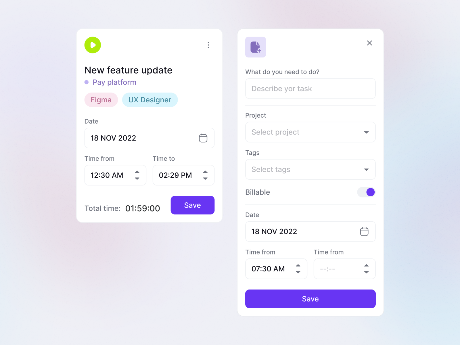 Time tracking platform - task creation & editing by Nadia Paska on Dribbble