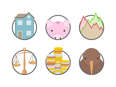 Financial Icons coins finance flat house icon illustration kiwi logo money pig stocks vector