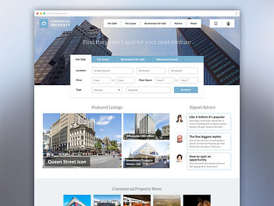 Commercial Property website blue building estate expert listing news real search ui ux