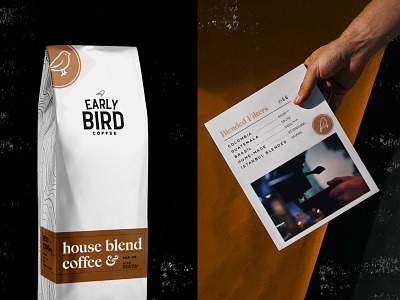 Early Bird House Blend Package & Menu earlybird house blend coffee menu card menudesign packagedesign white coffee bag