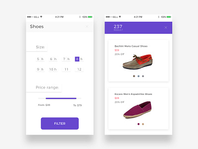 Ecommerce App application clothes fashion filter flat movile results search shoes ui widget