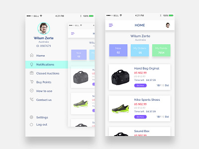 Bidding App app application bidding flat ios iphone menu mobile navigation profile sidebar slide