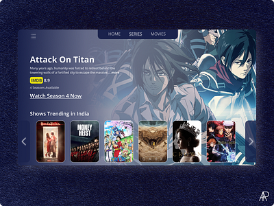 TV App UI app attack on titan crown dailyui dailyuichallenge dark design figma jujutsukaisen marvel comics money heist onepiece tv app tv shows ui web